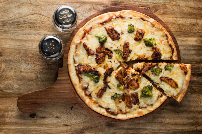 BBQ chicken thin crust pizza pequods pizza